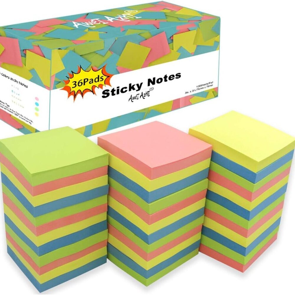 Sticky Notes 3x3, Self-Stick Notes, 36 Pads, 100 Sheets/Pad, Assorted Colors Sti
